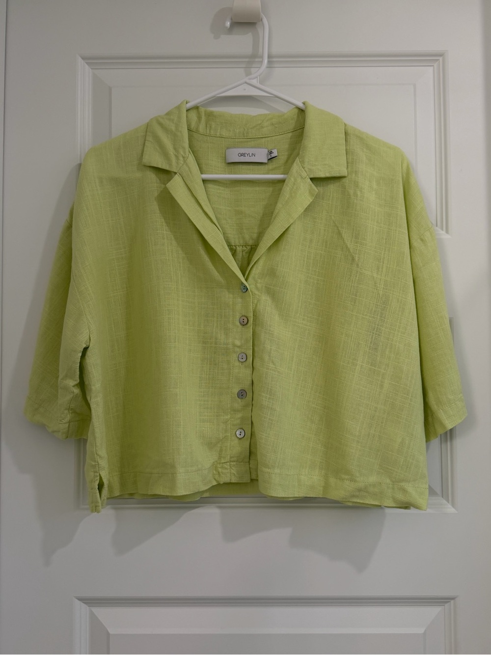 Greylin Anthropologie Lime Green Boxy Button Front Linen Blend Shirt